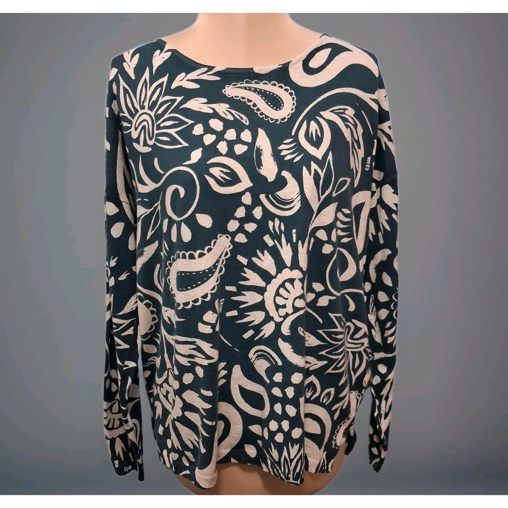 Fat Face UK Watercolor Paisley Jumper Womens Sz 8 Teal White Lightweight Sweater